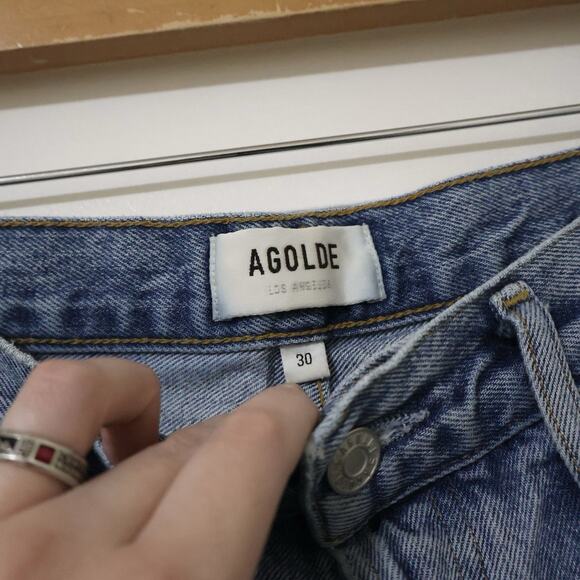 AGOLDE 90s Mid Rise Loose Fit Medium Wash Destroyed Button Fly Straight Jeans 30 - Picture 5 of 7